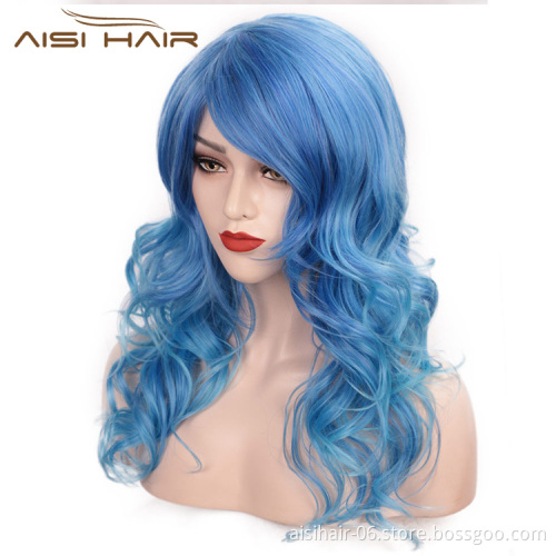 Aisi Hair Heat Resistant Synthetic Fiber Blue Wigs 24 Inch Cosplay Wigs Long Big Wave Cosplay Wigs for Women